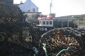 Lobster creels and a fishing boat at the pier at Badachro, Wester Ross, Scotland