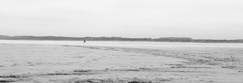 One man and his dog walking on the beach beside the famous golf course at Carnoustie, Angus, Scotland