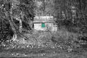 The Green Door on the Old Fishing Station at Campsie Linn on The River Tay at Campsie near The Guildtown, Perthshire, Scotland