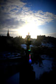 Winter sun setting over the Old town of Edinburgh, Scotland