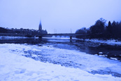 Looking north from Moncreiffe Island on the River Tay at Perth, showing Tay Street, Queens Bridge and The Old Bridge at perth, Perthshire, Scotland